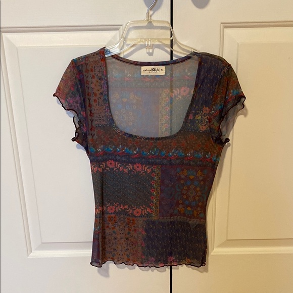 NATURAL LIFE Brown and Blue Fitted Flutter Sleeve Blouse - Picture 1 of 1